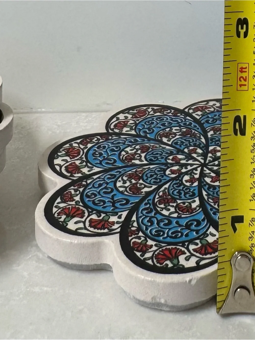 Set of 5 Turkish Floral Tile Coasters in Blue, Black & White Red Accents
